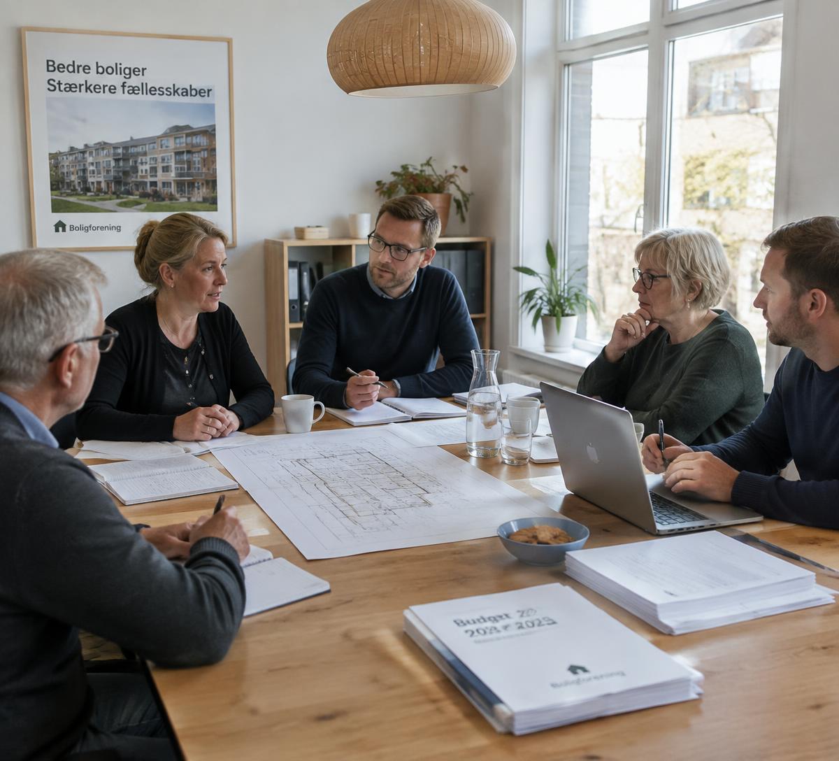 Bestyrelse i en boligforening til møde om renoveringsprojekt